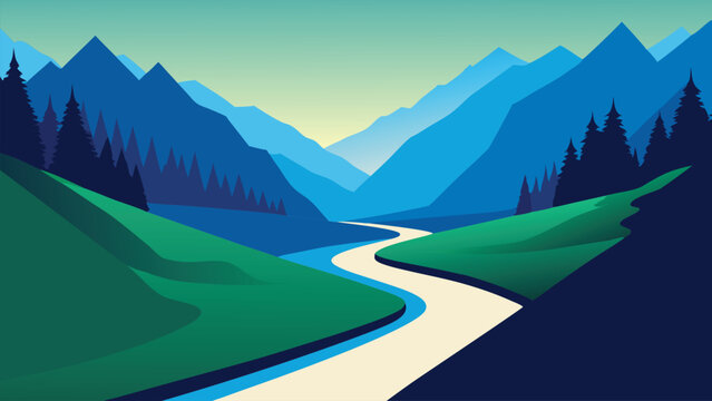 River flows through a lush mountain valley, surrounded by vibrant trees and green grass flat vector illustration.
