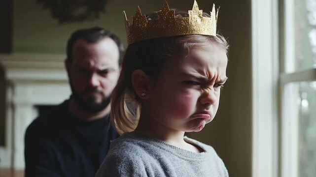 A naughty, sulking young girl wearing a golden crown being treated like a spoiled princess.