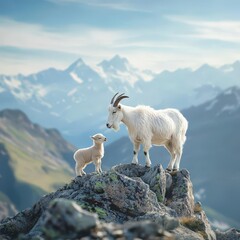 A goat nudging her kid in a rocky mountain environment.