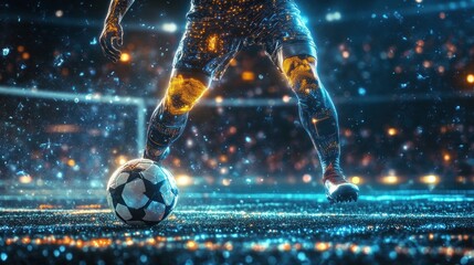 Soccer player ready to kick ball at night stadium.