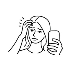 Woman holds mobile phone with doubt face and has some problem line art vector illustration.