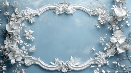 Elegant white floral frame against a soft blue background