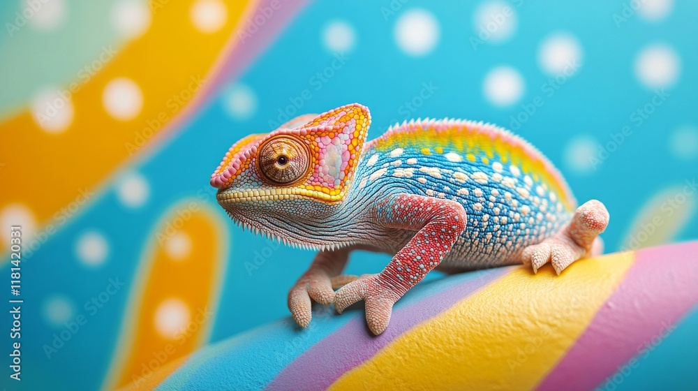 Poster A captivating chameleon effortlessly melds into a colorful backdrop, showcasing its unique ability to blend with vibrant rainbow hues, creating an enchanting visual experience