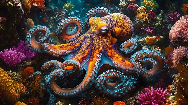 Vibrant octopus blending into a coral reef with its incredible camouflage abilities showcasing its textures and vivid colors
