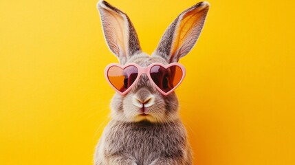 A cute bunny exudes charm while wearing vibrant heart-shaped sunglasses, set against a bright yellow background. It captures a joyful, playful spirit, perfect for a sunny day