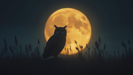A Mystical Moonlit Meadow Silhouette of an Owl where the subject is defined by its dark outline against a backdrop of a glowing moonlit meadow