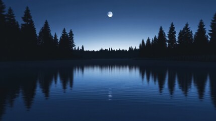 Serene Night: Moonlit Lake and Silhouetted Pines