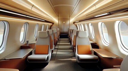 Obraz premium Luxurious aircraft cabin, tan seats, illuminated.
