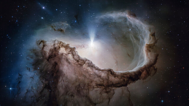 interstellar dust, nebula in the deep space with a gamma ray burst, galaxy and stars, cosmology and astrophysics