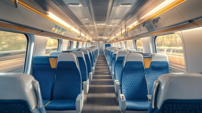 Empty train car, blue seats, passing landscape.