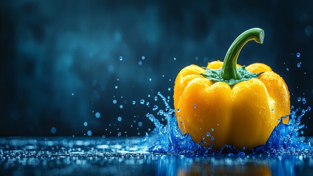 Vibrant yellow bell pepper splashing in water against a dark backdrop - Powered by Adobe