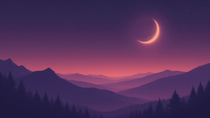 A Duotone Minimalist Landscape featuring a crescent moon hanging in the night sky