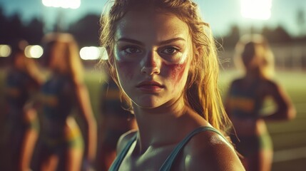 Teen girl with port wine stain leading cheer at football game teammates in sync under lights