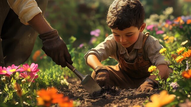 Boy with dwarfism helping gardener plant flowers holding trowel sunny and vibrant setting