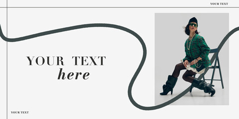 Woman seated in plaid jacket, sunglasses, beret and pearls, showcasing a bold and chic fashion trends on a minimalist background with text elements. Concept of female fashion, style. Banner template