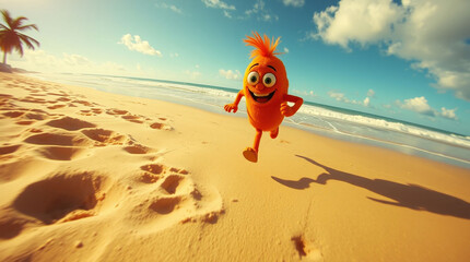 Obraz premium orange funny character running on the sunny beach,