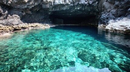 Fototapeta premium Clear water pool at cave entrance, dark rocks, possible tourism or adventure use