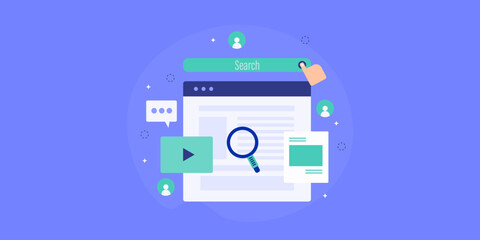 Search marketing, content optimization increases audience interaction on business website, conceptual vector illustration.