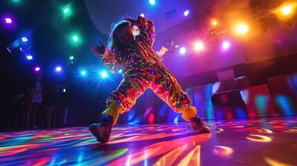Girl with cognitive disability performing dance routine under colorful lights stage sparkling with her costume