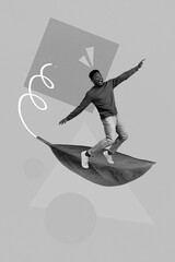 Creative photo 3d collage artwork poster postcard of joyful carefree man flying big leaf isolated...