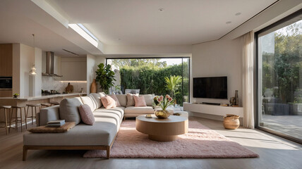 Fototapeta premium Modern living room with pastel pink accents large windows sleek couch and fresh green plants creating an open and airy atmosphere Contemporary Interior Design Livingroom Inspiration