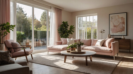 Spacious and calming modern living room with pastel pink tones large windows a comfortable couch and fresh green plants throughout Contemporary Interior Design Livingroom Inspiration