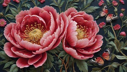 Peony Flowers on Embroidery Art