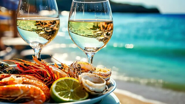 shrimp wine seafood on the beach background. selective focus