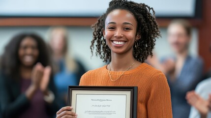 Woman with vitiligo smiling as she receives academic award in class framed certificate in hand with peers clapping around her
