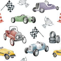 Car pattern.Watercolor seamless pattern with multicolor vintage cars,wheels,flag,goblet.Childish pattern for boys.Fabric design.Retro auto
