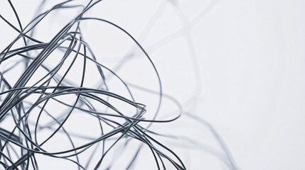 Abstract tangled wires forming intricate loops and curves against a minimalist white background conveying complexity
