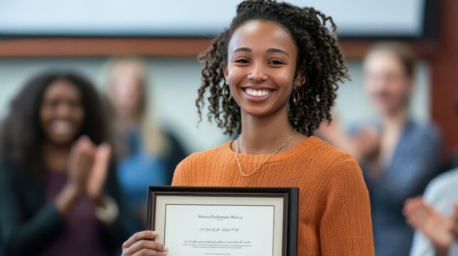 Woman with vitiligo smiling as she receives academic award in class framed certificate in hand with peers clapping around her - Powered by Adobe