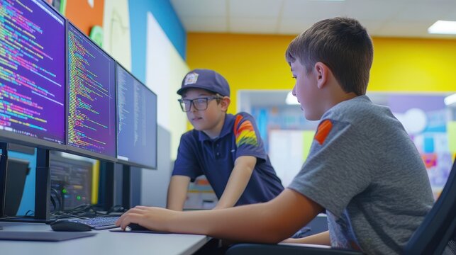 Teen boy with autism in coding bootcamp programming on multiple monitors surrounded by classmates in modern tech workspace