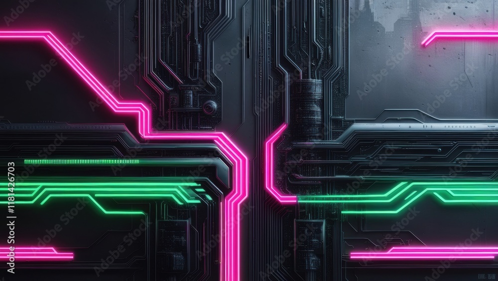 Poster neon circuitry and glowing lines on a dark background