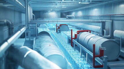 Naklejka premium Industrial facility, water flowing, pipes, tanks, equipment.