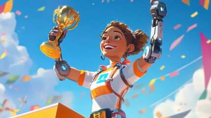 Fototapeta premium A teenage girl with a robotic arm smiling proudly on a podium clear skies and flags surrounding her