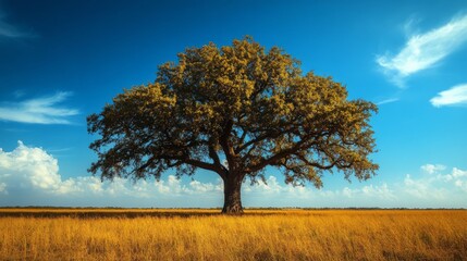 Fototapeta premium Tall oak tree stands alone in a golden field under a clear blue sky during a sunny day