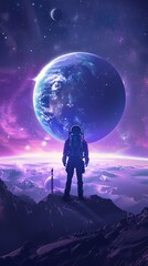Obraz premium Digital technology blue and purple space astronaut poster background