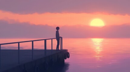 Fototapeta premium A teenage boy with a hearing aid walks along a pier at sunrise looking out over the calm sea with soft orange and pink skies ahead