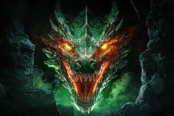 Enormous medieval dragon with luminescent green eyes.