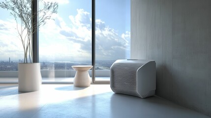 Obraz premium Modern room, city view, air purifier, plant, small table.