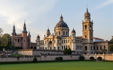 Fototapeta premium Co cathedral of santa maria la real de la almudena and royal palace of el pardo shining at sunset