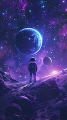 Obraz premium Digital technology blue and purple space astronaut poster background