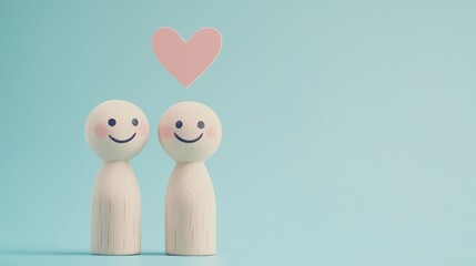 Two wooden peg dolls standing side on an Isolated background with copy space. The peg dolls are white and have a heart-shaped wooden icon above. They are both smiling and appear to be happy. 