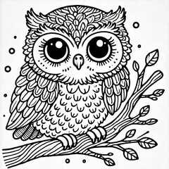 Black white lineart coloring book, cute animal character. easy coloring page for kids and adults. Cute owl