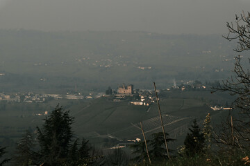 Landscapes in the Piedmontese Langhe of hills and vineyards in autumn after the grape harvest