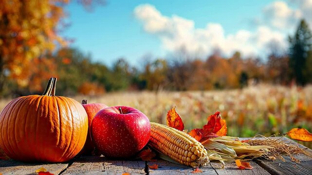 autumn concept pumpkin apple corn. Selective focus