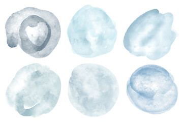 Fototapeta premium Set of cold tone watercolor hand painted round shapes, stains, circles, blobs isolated on white. Elements for artistic design