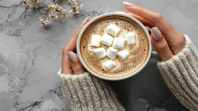 woman holding a cup of coffee with marshmallows, top view. Selective focus