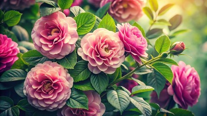 Delicate pink blooms on a white background, a vintage floral photograph.